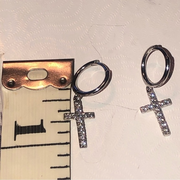 STERLING Silver Mini Hoops w Cz Cross Dangle Drop Approx 1.1” Total - Picture 4 of 4